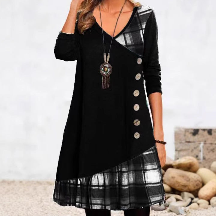 Casual Button Front Patchwork Dress