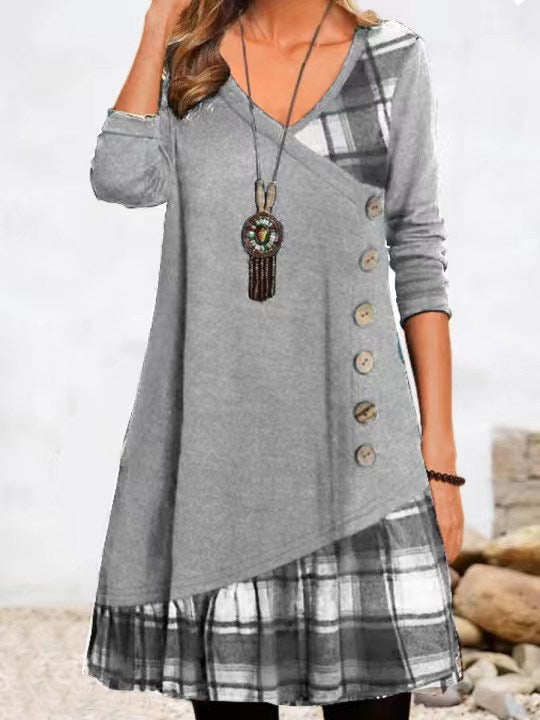 Casual Button Front Patchwork Dress