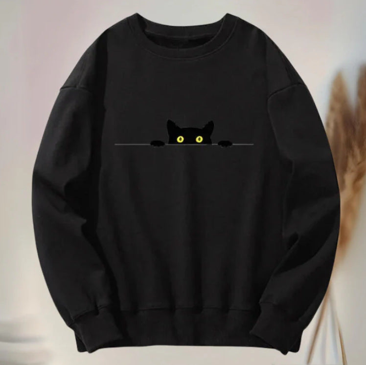 Casual Cat Print Crewneck Sweatshirt