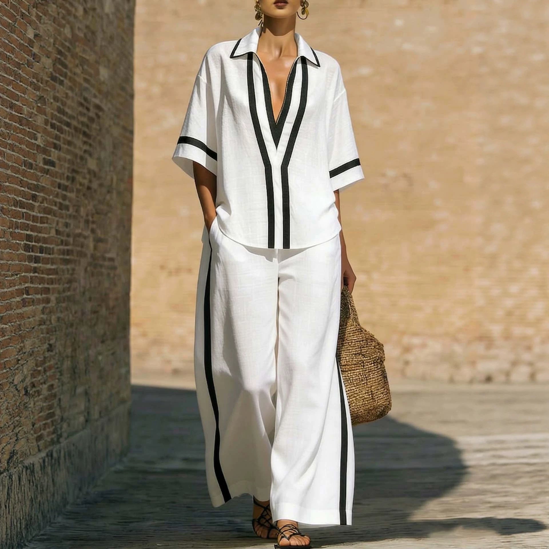 Casual Collage Shirt and Wide-Leg Pants Set