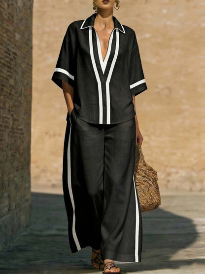 Casual Collage Shirt and Wide-Leg Pants Set