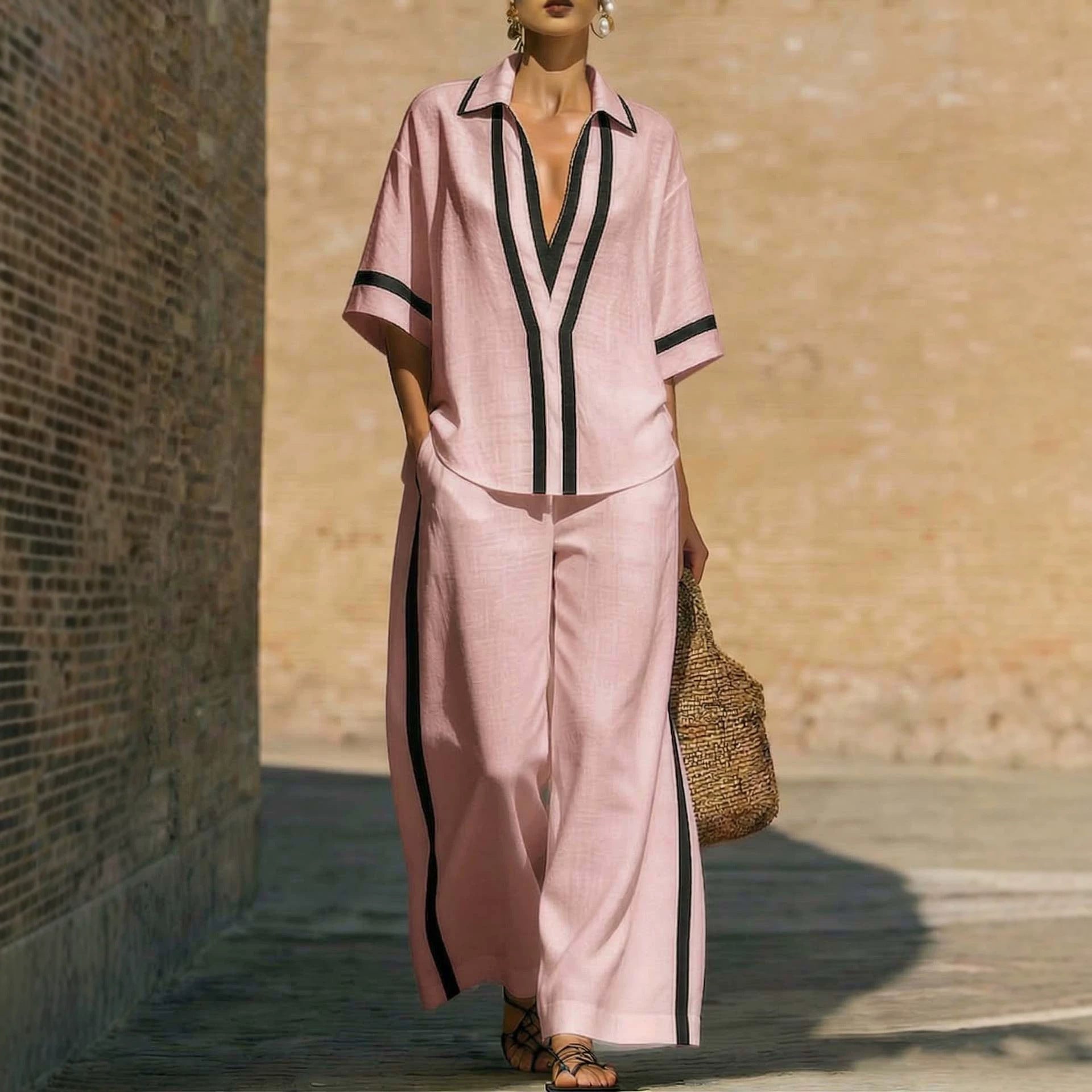 Casual Collage Shirt and Wide-Leg Pants Set