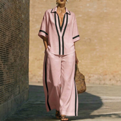Casual Collage Shirt and Wide-Leg Pants Set