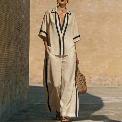 Casual Collage Shirt and Wide-Leg Pants Set