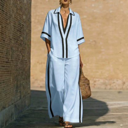 Casual Collage Shirt and Wide-Leg Pants Set