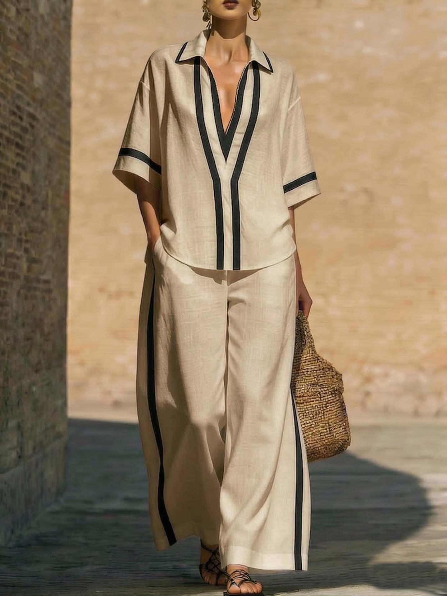 Casual Collage Shirt and Wide-Leg Pants Set