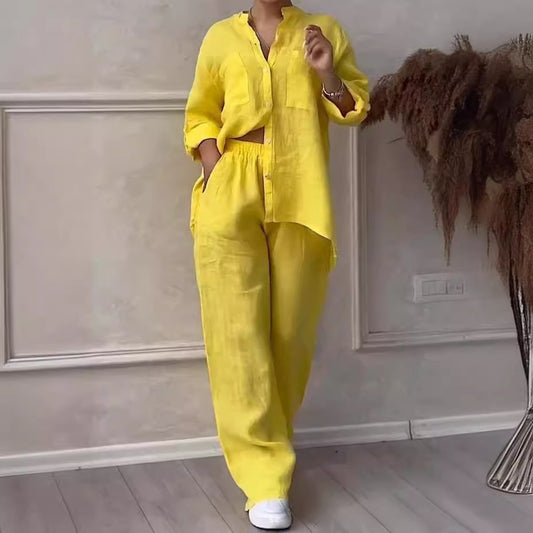 Casual cotton and linen plain-color shirt with drawstring wide-leg pants set