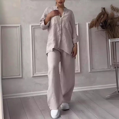 Casual cotton and linen plain-color shirt with drawstring wide-leg pants set