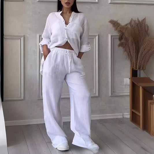 Casual cotton and linen plain-color shirt with drawstring wide-leg pants set