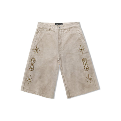 Casual Cotton Work Shorts with Leather Patches