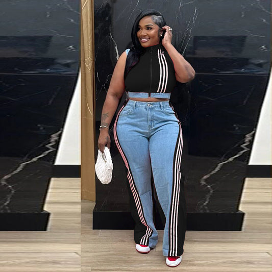 Casual Denim Top and Wide-Leg Pants Set