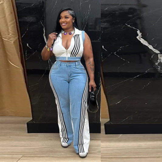 Casual Denim Top and Wide-Leg Pants Set