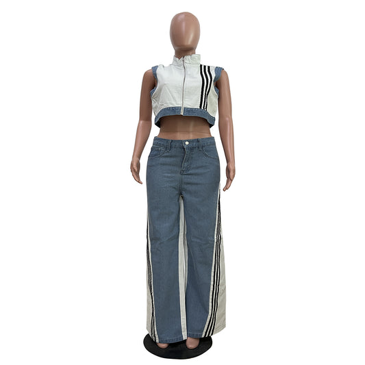 Casual Denim Top and Wide-Leg Pants Set