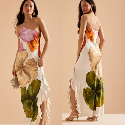 Casual Floral Print Sloping Shoulder Dress