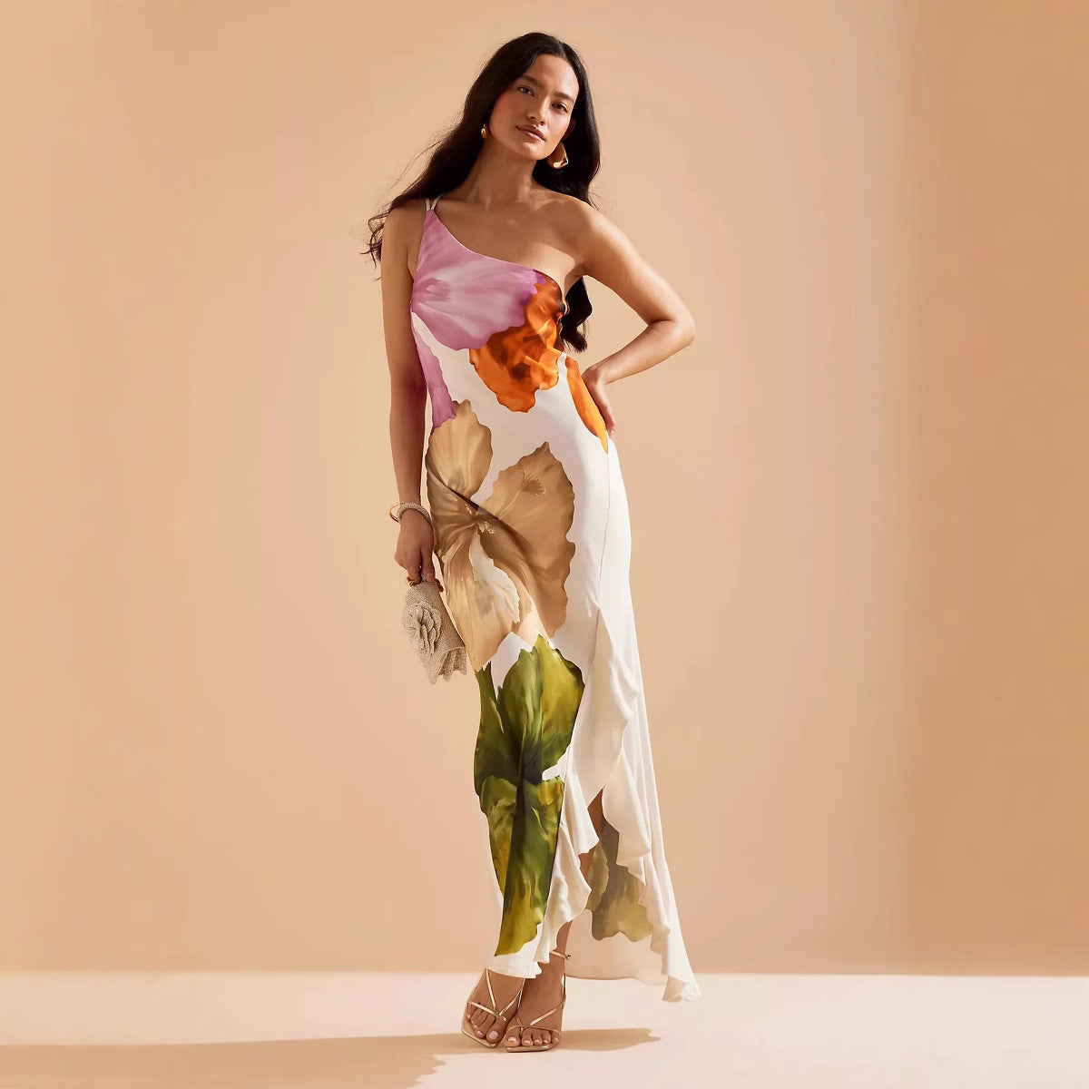 Casual Floral Print Sloping Shoulder Dress