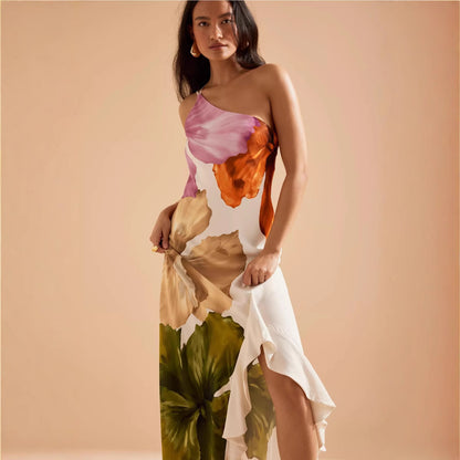Casual Floral Print Sloping Shoulder Dress