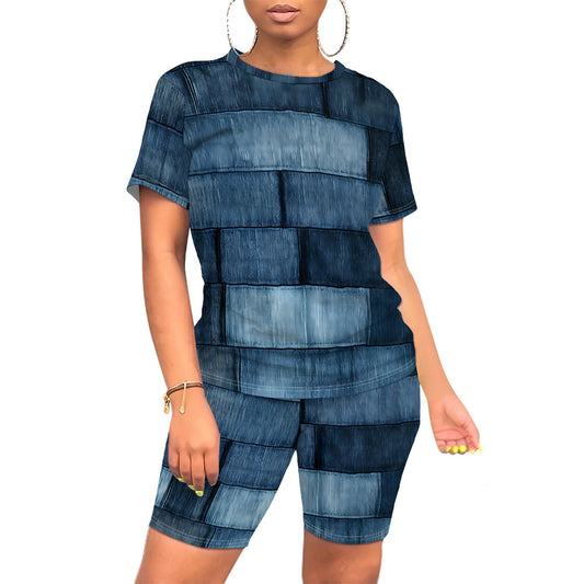 Casual Imitation Denim Short-Sleeve Two-Piece Set
