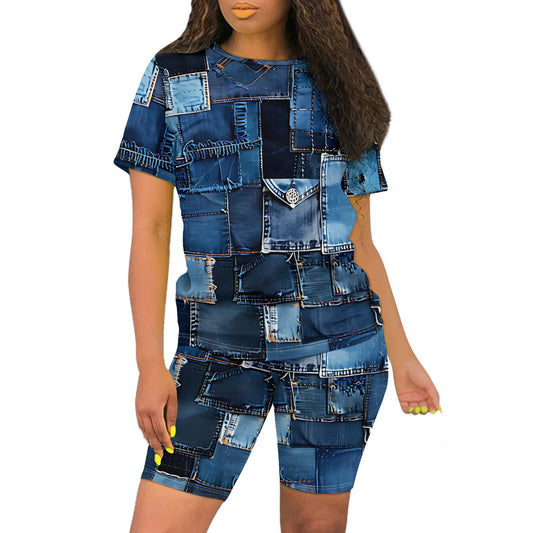 Casual Imitation Denim Short-Sleeve Two-Piece Set