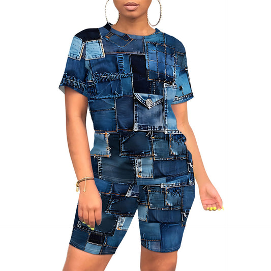 Casual Imitation Denim Short-Sleeve Two-Piece Set