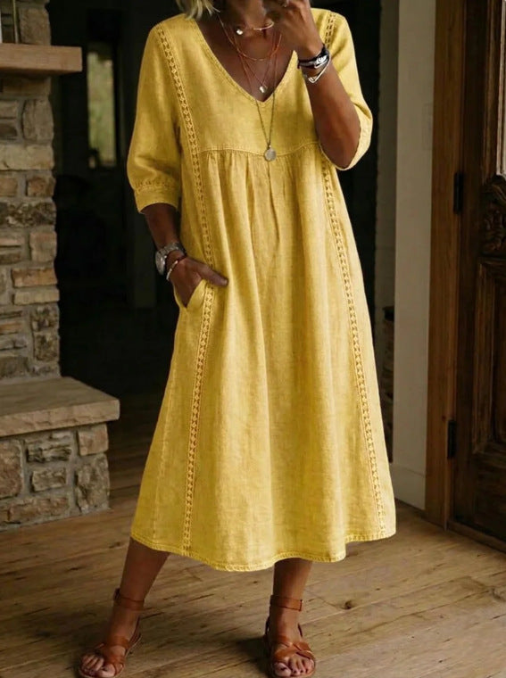 Casual Lace Trim V Neck Midi Dress