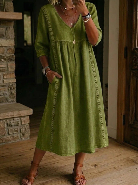 Casual Lace Trim V Neck Midi Dress