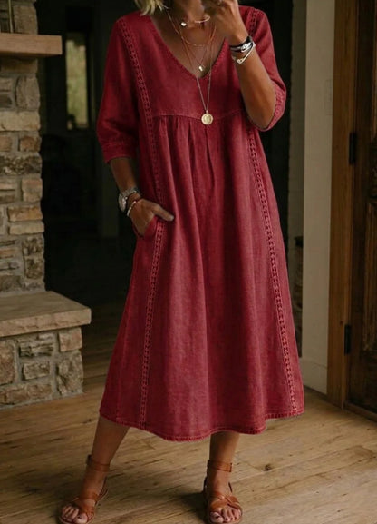 Casual Lace Trim V Neck Midi Dress