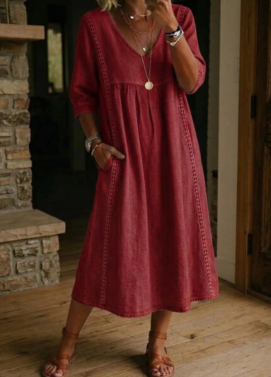 Casual Lace Trim V Neck Midi Dress