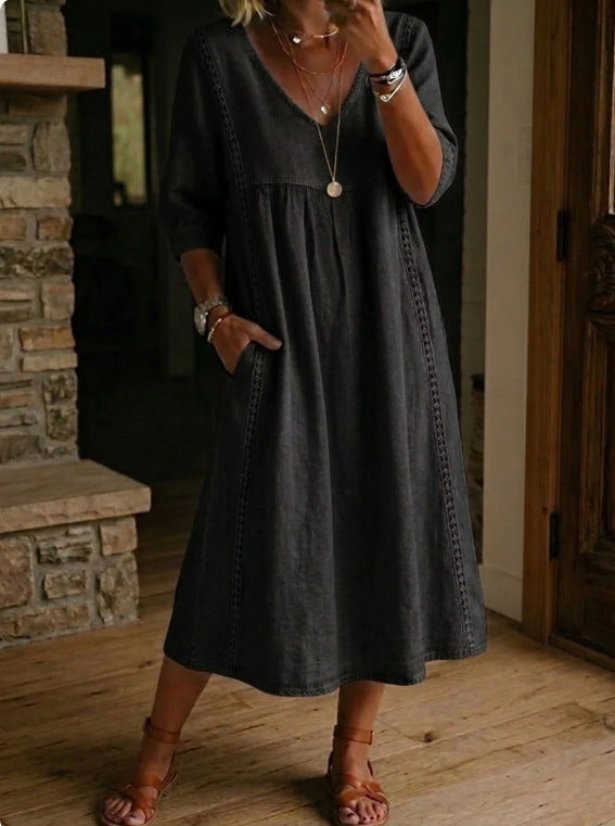 Casual Lace Trim V Neck Midi Dress