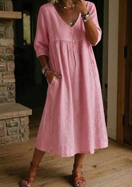 Casual Lace Trim V Neck Midi Dress