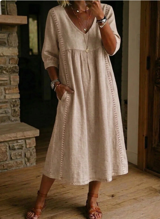 Casual Lace Trim V Neck Midi Dress
