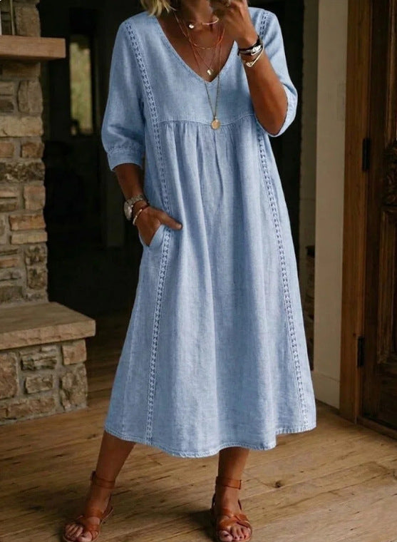 Casual Lace Trim V Neck Midi Dress
