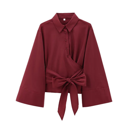 Casual Lapel Bow Poplin Shirt