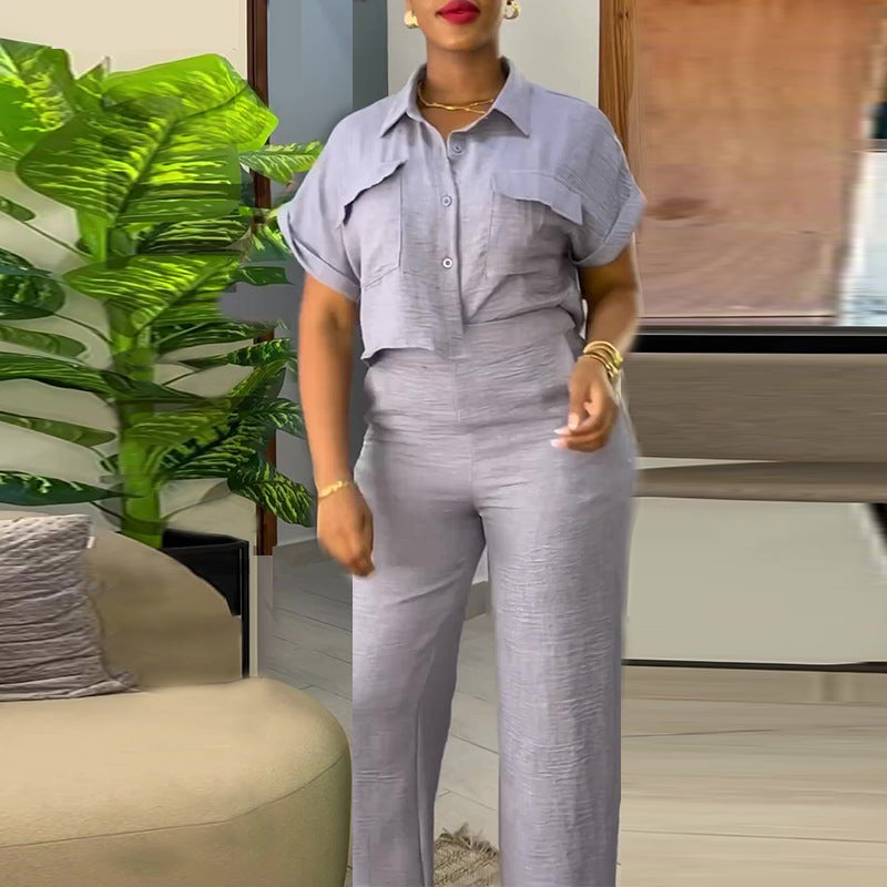 Casual Lapel Shirt and Wide-Leg Pants Suit