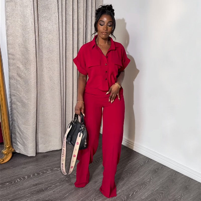 Casual Lapel Shirt and Wide-Leg Pants Suit
