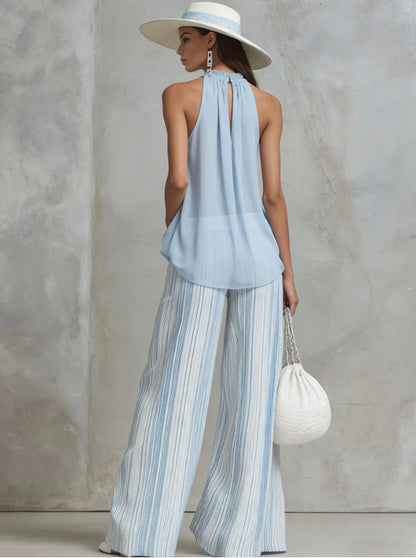 Casual light-blue chiffon sleeveless top and striped wide-leg pants