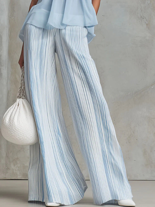 Casual light-blue chiffon sleeveless top and striped wide-leg pants