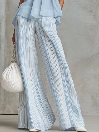 Casual light-blue chiffon sleeveless top and striped wide-leg pants