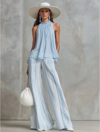 Casual light-blue chiffon sleeveless top and striped wide-leg pants
