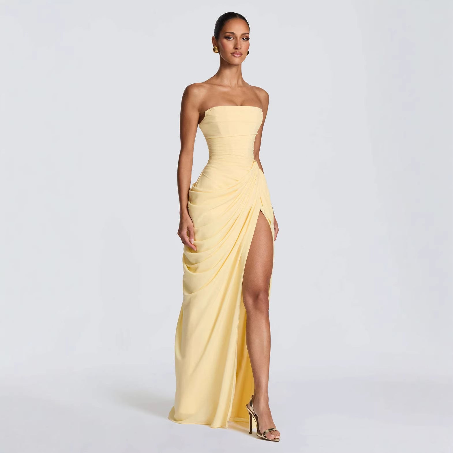 Casual long-sleeved slim-fit suspender maxi dress