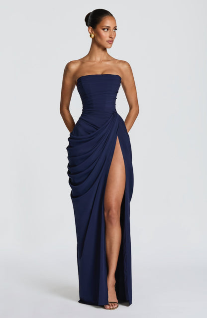 Casual long-sleeved slim-fit suspender maxi dress