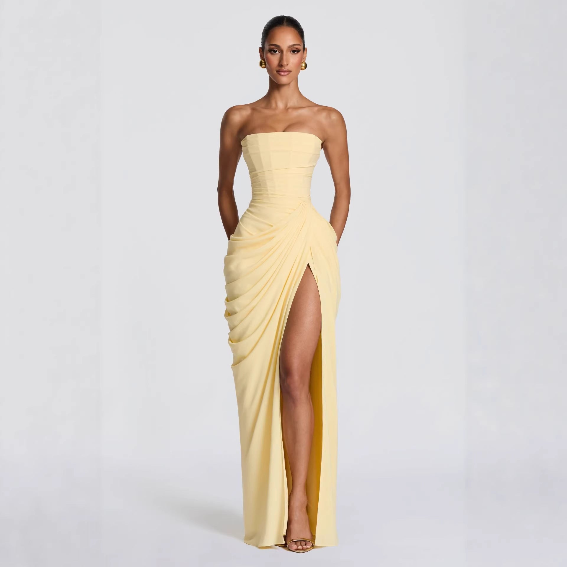 Casual long-sleeved slim-fit suspender maxi dress