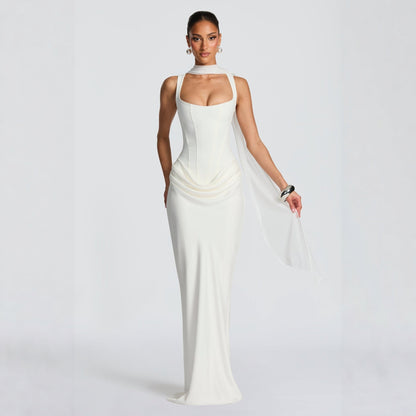 Casual long-sleeved slim-fit suspender maxi dress