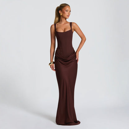 Casual long-sleeved slim-fit suspender maxi dress