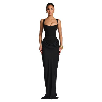 Casual long-sleeved slim-fit suspender maxi dress