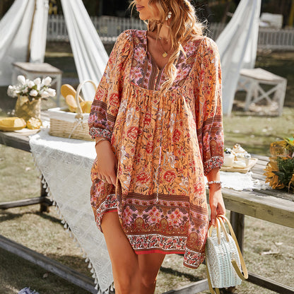 Casual Loose Floral Print Tie-Waist Dress