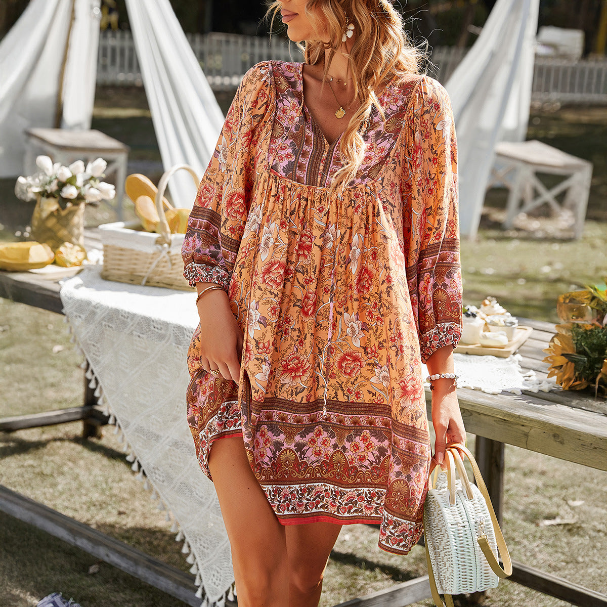 Casual Loose Floral Print Tie-Waist Dress