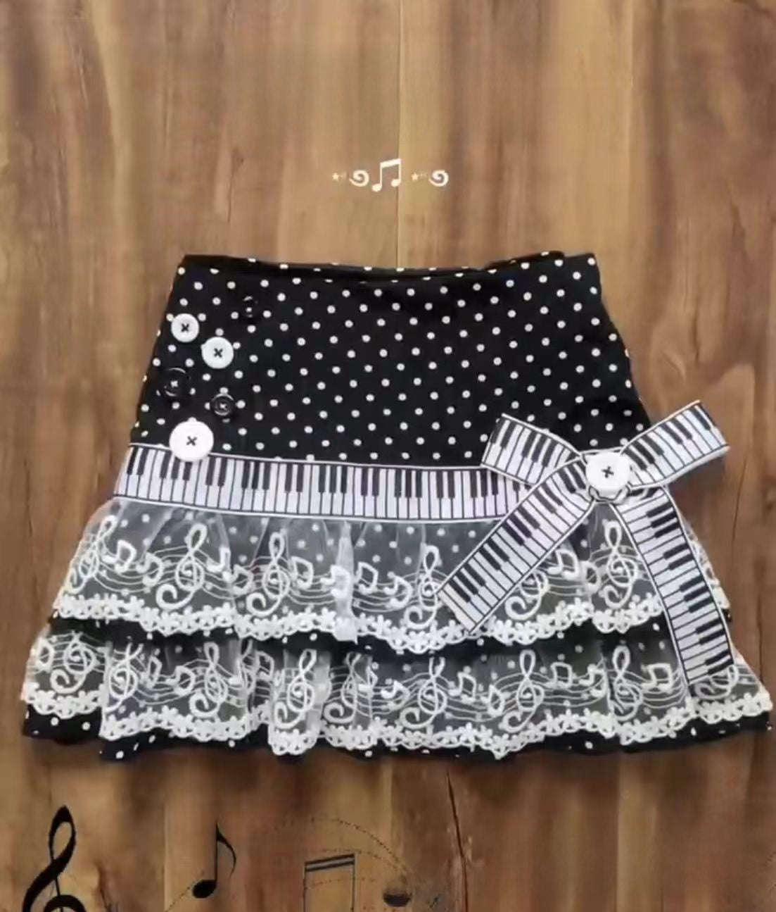 Casual Polka Dot White-Edged Lace Music Note Skirt for Women
