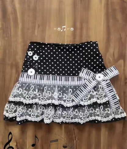 Casual Polka Dot White-Edged Lace Music Note Skirt for Women