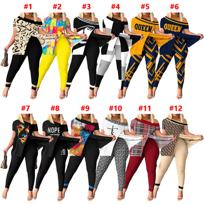 Casual Printed Women's Short-Sleeve Pants Suit