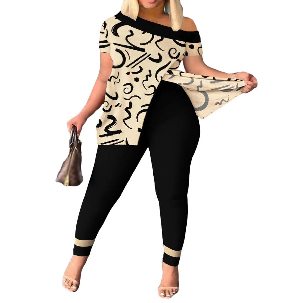 Casual Printed Women's Short-Sleeve Pants Suit